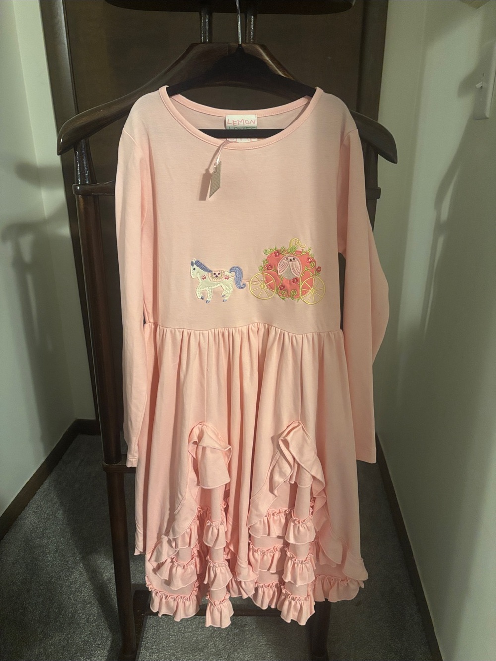 Lemon Loves Lime Pink Long-Sleeve Ruffle Dress with Carriage & Pony